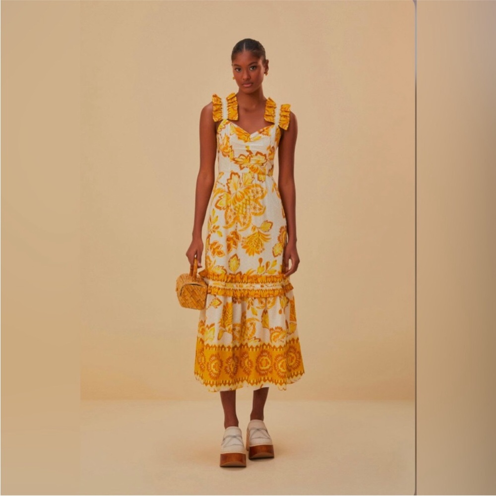 💥 FARM RIO Aura Floral Yellow White Ruffle MIDI Sz S